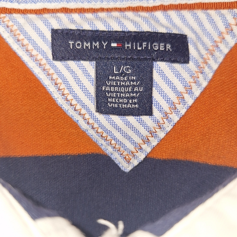 Tommy Hilfiger Rugby 3/4 Sleeve Shirt Large Blue Orange Stripe Polo L Bears - Picture 2 of 4